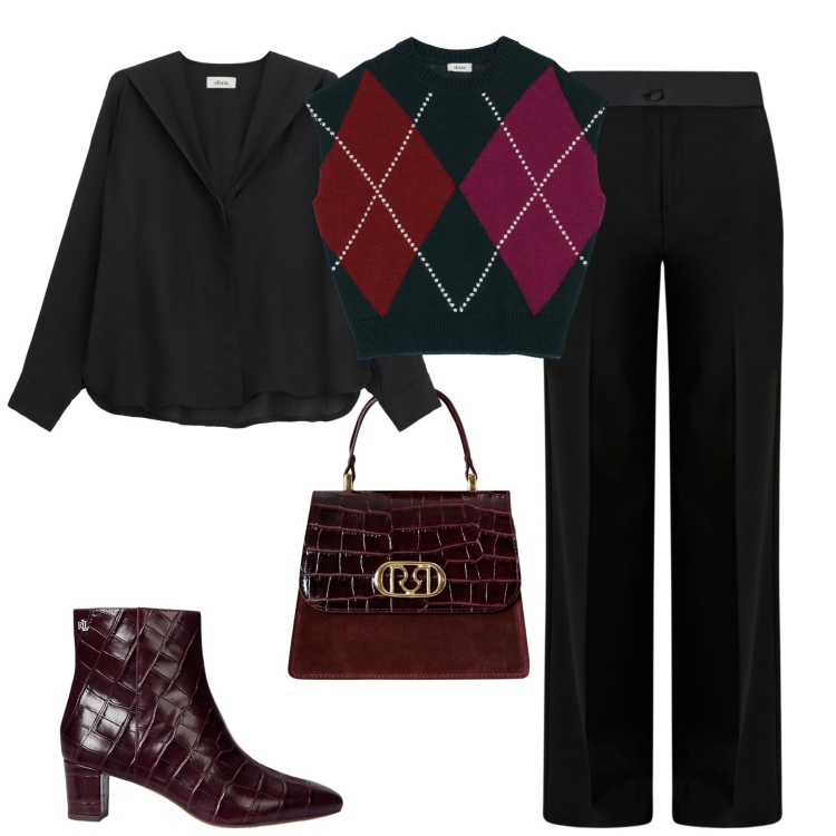 Outfit donna - Ottobre. Stile Urban per Tutti i giorni. Abbinamento con borse a mano, pantaloni a palazzo, gilet, camicie, stivaletti.