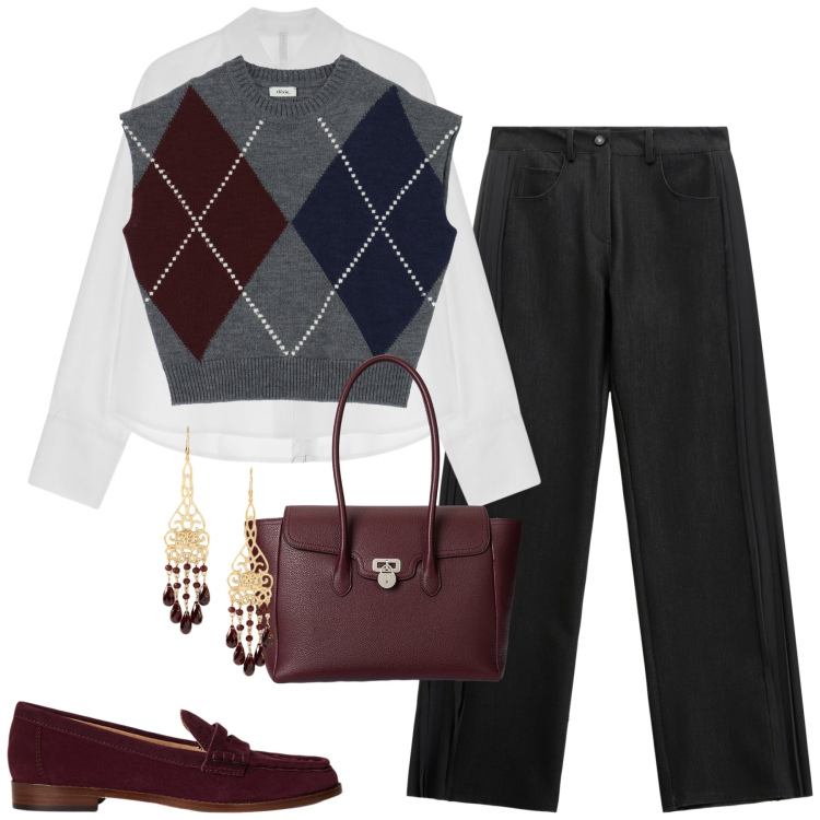 Outfit donna - City. Stile Casual chic per Tutti i giorni. Abbinamento con jeans, camicie, gilet, mocassini, orecchini, borse a mano.