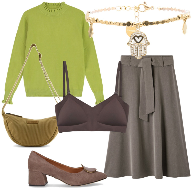 Outfit donna - Maglia e gonna un classico. Stile Bon Ton per Tutti i giorni. Abbinamento con gonne lunghe, reggiseni, maglieria, braccialetti, décolleté, borse a tracolla.