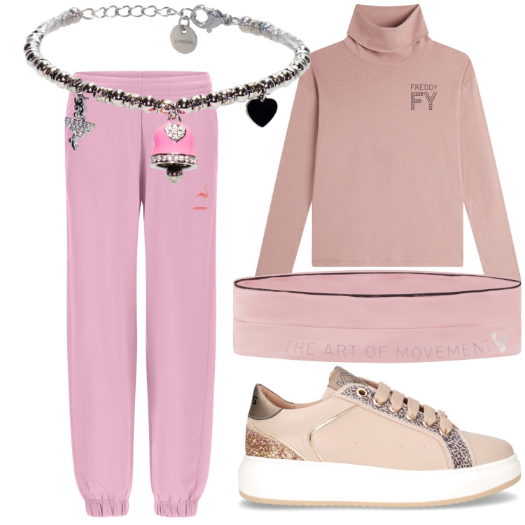 Outfit donna - Pink october. Stile Casual per Tutti i giorni. Abbinamento con pantaloni, marsupi, t-shirt, braccialetti, sneakers.