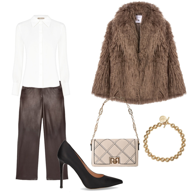 Outfit donna - Colori dell\'autunno. Stile Casual chic per Ufficio. Abbinamento con ecopellicce, borse a tracolla, camicie, braccialetti, pantaloni, décolleté.