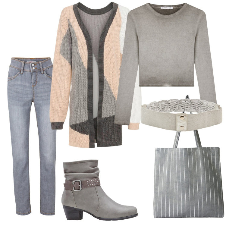 Outfit donna - Weekend di fiera. Stile Casual chic per Tutti i giorni. Abbinamento con stivaletti, jeans slim fit, cardigans, cinture, shopping bag, t-shirt.