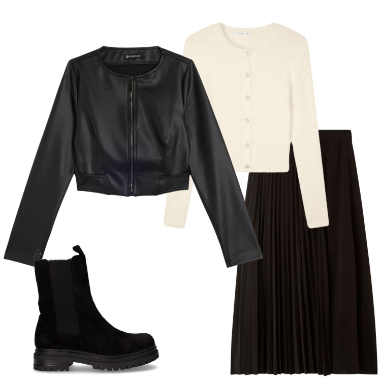 Outfit donna - Serata con le amiche. Stile Casual chic per Serata fuori. Abbinamento con gonne lunghe, cardigans, giacche, stivaletti chelsea.