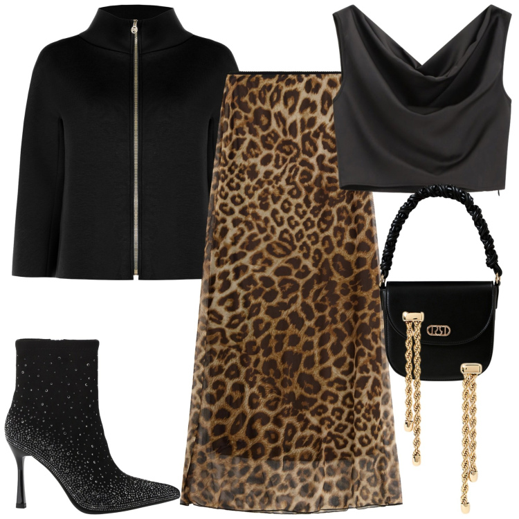 Outfit donna - Serata. Stile Glamour per Serata fuori. Abbinamento con cappe, borse a mano, top, stivaletti, gonne lunghe, orecchini.