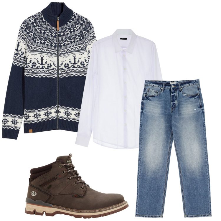 Outfit uomo - Passeggiata autunnale. Stile Casual per Tutti i giorni. Abbinamento con cardigans, stivali e stivaletti, camicie, jeans.