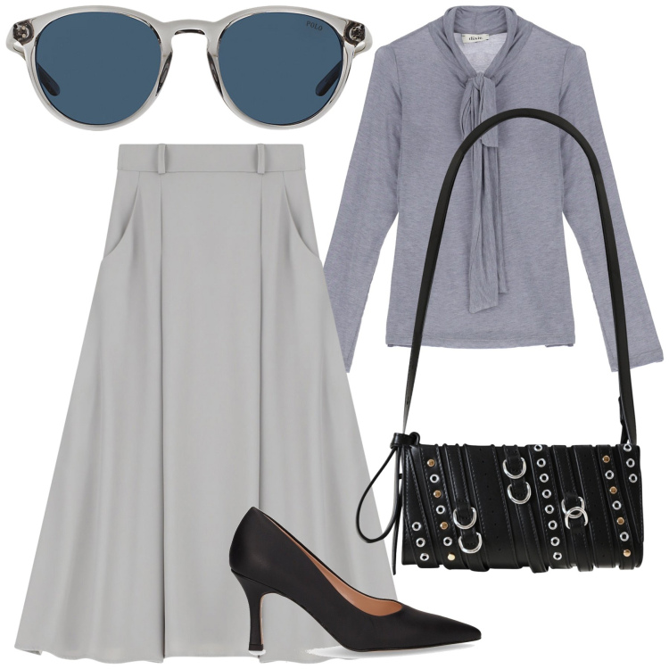 Outfit donna - Ufficio serioso. Stile Bon Ton per Ufficio. Abbinamento con borse a spalla, gonne lunghe, top, occhiali da sole, décolleté.