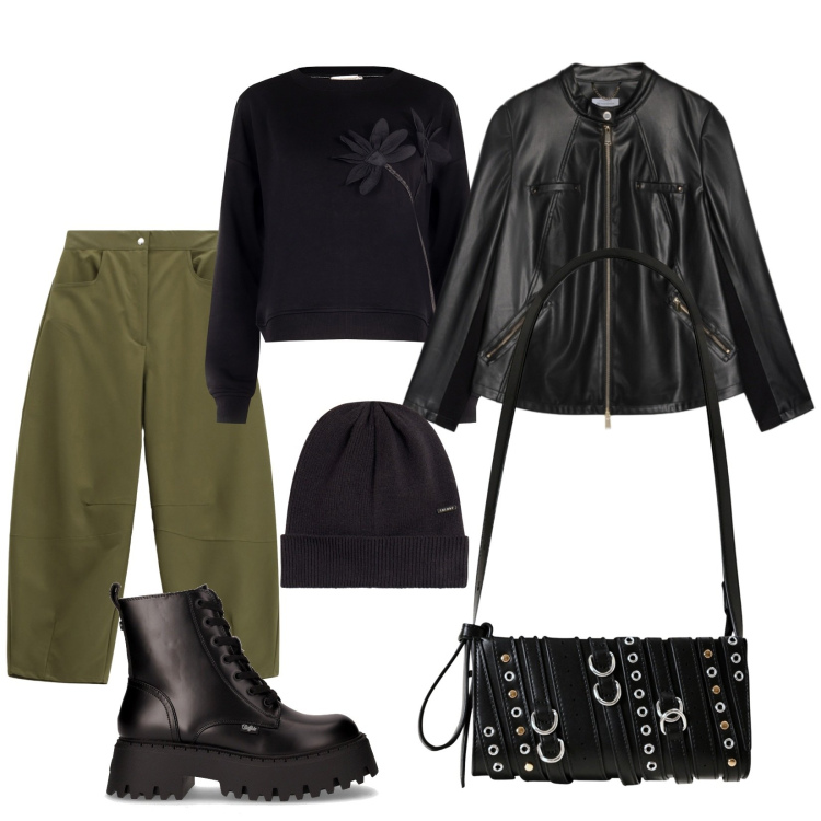 Outfit donna - Un look militare. Stile Military per Tutti i giorni. Abbinamento con borse a spalla, felpe, berretti, pantaloni a palazzo, giacche, anfibi.