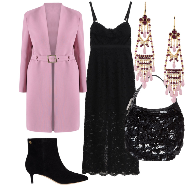 Outfit donna - Saturday night. Stile Glamour per Serata fuori. Abbinamento con trench, vestiti midi/longuette, pochette, stivaletti, orecchini.