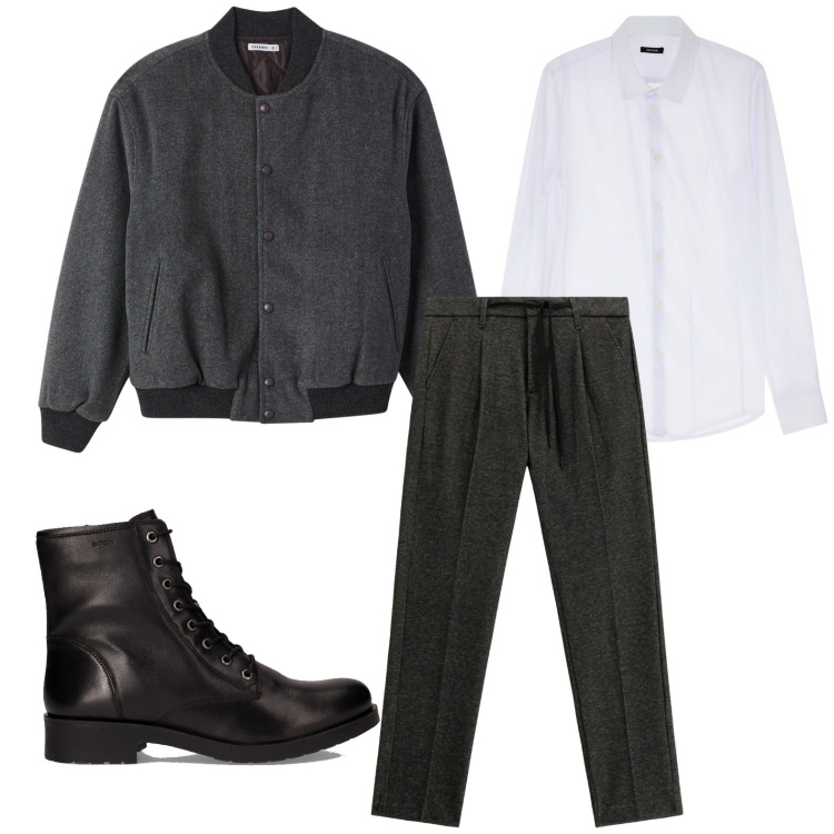 Outfit uomo - Minimal urbano. Stile Casual per Ufficio. Abbinamento con bomber, camicie, pantaloni, stivali e stivaletti.