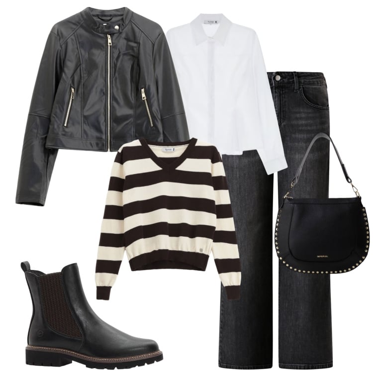 Outfit donna - City. Stile Casual chic per Tutti i giorni. Abbinamento con stivaletti chelsea, camicie, maglieria, jeans dritti, giacche, borse a spalla.