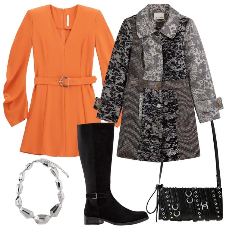 Outfit donna - Autunno a colori vivaci. Stile 70s per Tutti i giorni. Abbinamento con cappotti, stivali, borse a spalla, vestiti corti, ciondoli.