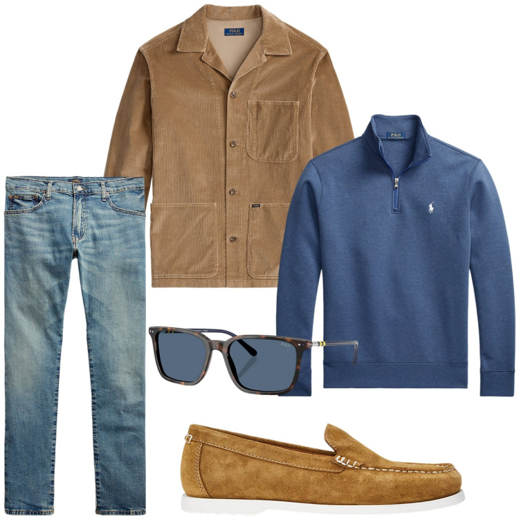 Outfit uomo - Passeggiata autunnale. Stile Trendy per Tutti i giorni. Abbinamento con pullovers, jeans, scarpe stringate, occhiali da sole, giacche.