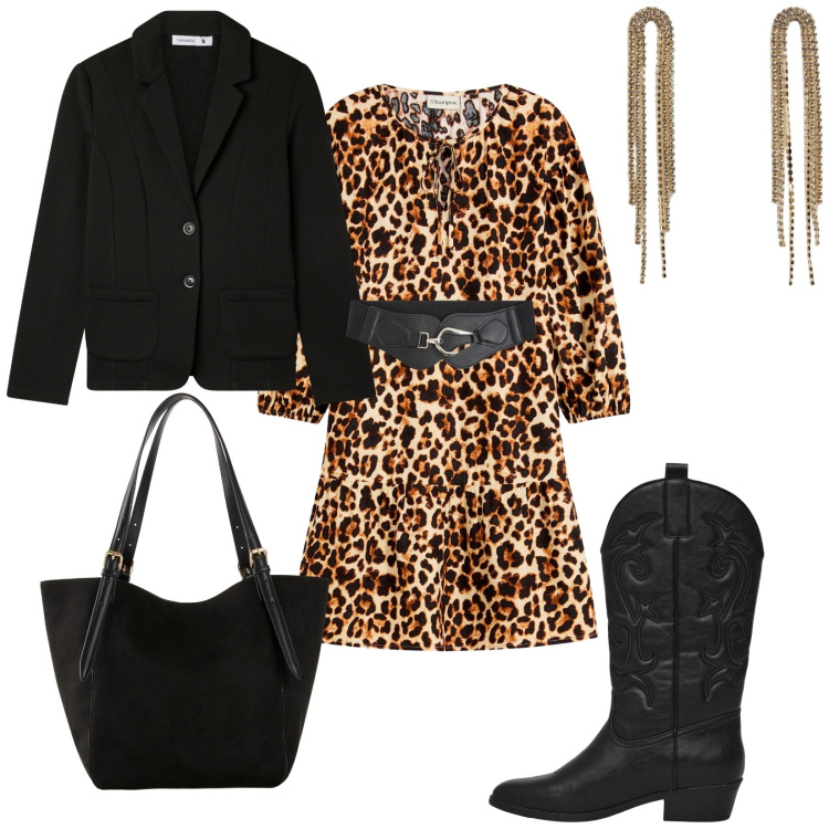 Outfit donna - Total look #2262698. Stile Chic per Serata fuori. Abbinamento con vestiti, shopping bag, orecchini, cinture, blazer, stivaletti texani.