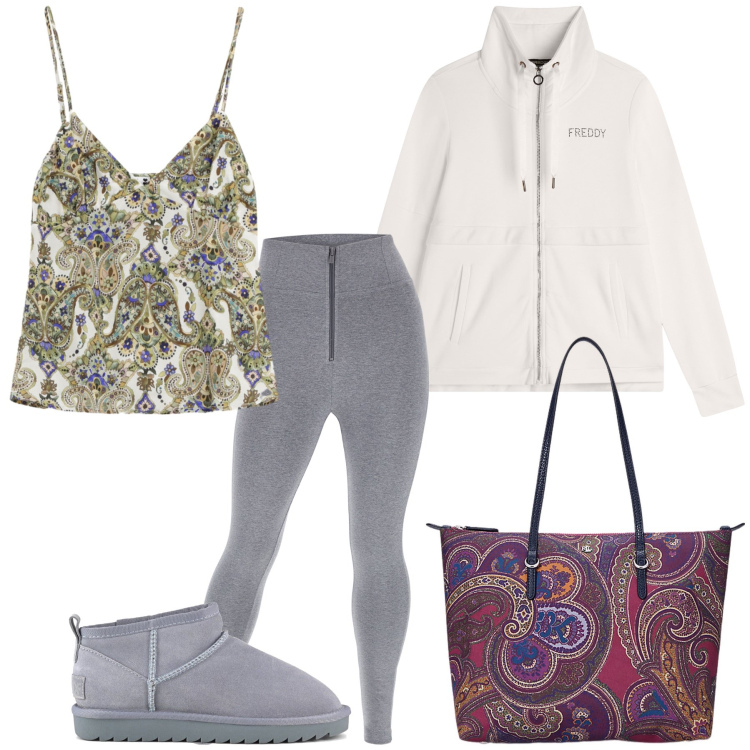 Outfit donna - Comodamente. Stile Basic per Tutti i giorni. Abbinamento con pantaloni skinny, felpe, top, borse tote, stivali.