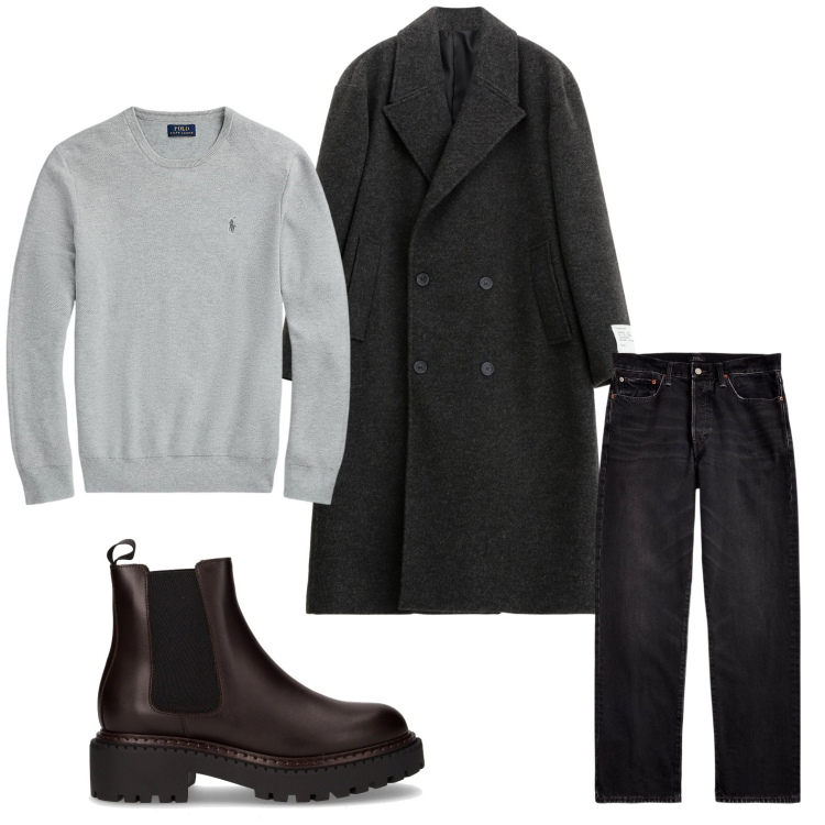 Outfit uomo - Minimal urbano. Stile Trendy per Ufficio. Abbinamento con cappotti, maglieria, jeans dritti, stivali e stivaletti.