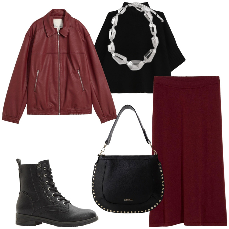 Outfit donna - Total look #2262701. Stile Casual chic per Tutti i giorni. Abbinamento con gonne, stivaletti, blazer, maglieria, borse a spalla, ciondoli.
