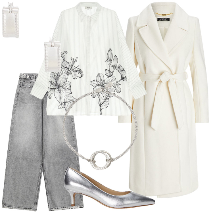 Outfit donna - La scarpa argento. Stile Glamour per Ufficio. Abbinamento con jeans, camicie, cappotti, braccialetti, décolleté, orecchini.