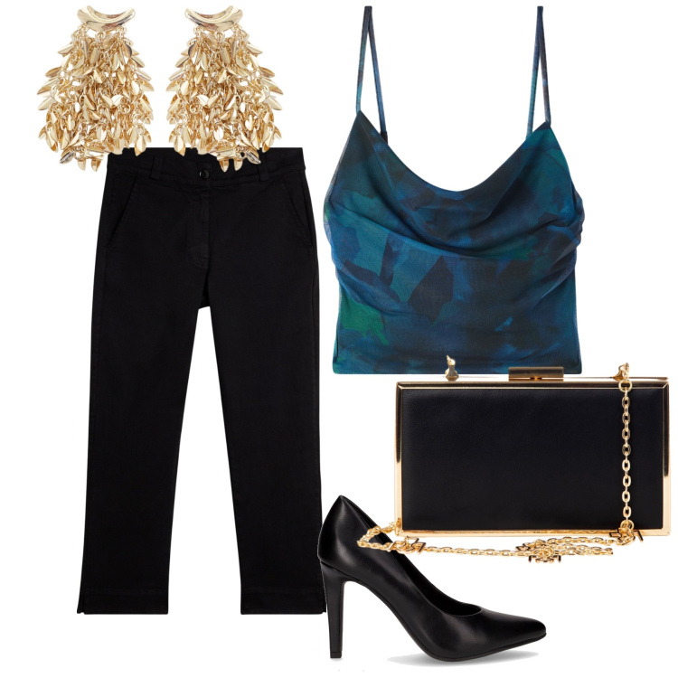Outfit donna - Aperitivo glam col top verde. Stile Glamour per Serata fuori. Abbinamento con canottiere, orecchini, pochette, pantaloni, décolleté.