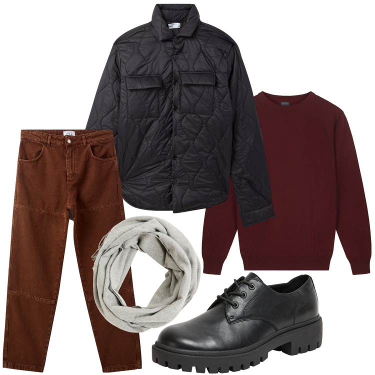 Outfit uomo - Minimalismo. Stile Casual per Tutti i giorni. Abbinamento con sciarpe, scarpe stringate, pantaloni, giacche, maglieria.