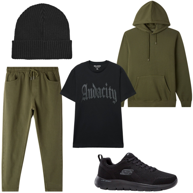 Outfit uomo - Look confortevole. Stile Casual per Tutti i giorni. Abbinamento con sneakers, pantaloni, felpe con cappuccio, berretti, t-shirt.