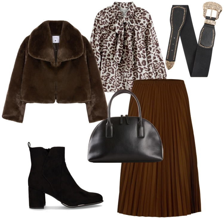 Outfit donna - Total look #2262712. Stile Chic per Serata fuori. Abbinamento con camicie, shopping bag, cinture, ecopellicce, gonne longuette, stivaletti.