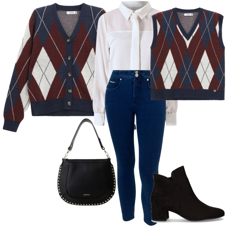 Outfit donna - Motivo tartan/tradizione e originalità. Stile Trendy per Scuola/Università. Abbinamento con camicie, gilet, cardigans, borse a spalla, jeans skinny, stivaletti.