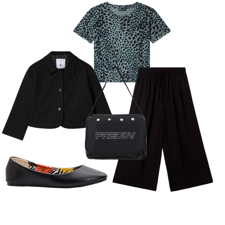Outfit donna - Total look #2262715. Stile Casual per Tutti i giorni. Abbinamento con ballerine, pantaloni a palazzo, blazer, borse messenger, t-shirt.