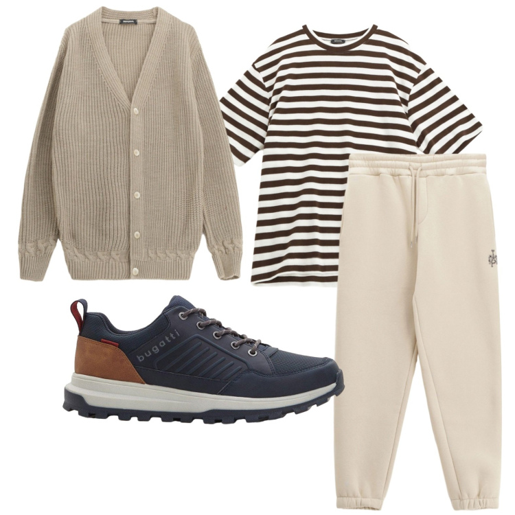 Outfit uomo - Cardigan oversize. Stile Trendy per Tutti i giorni. Abbinamento con sneakers, pantaloni, t-shirt, cardigans.