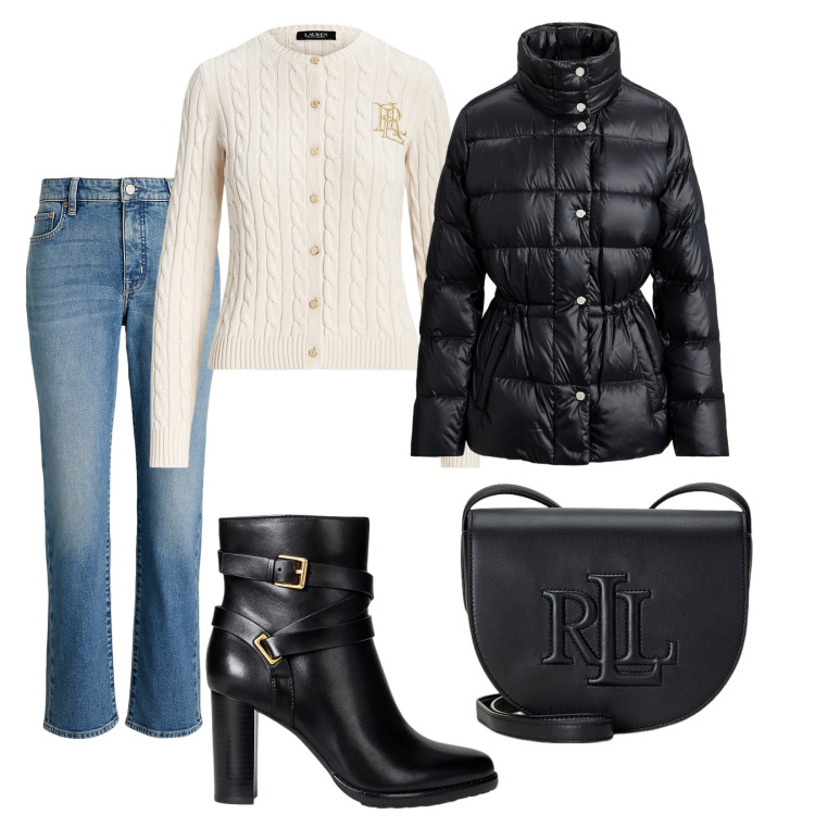 Outfit donna - Un look minimalista ma di classe. Stile Minimal per Tutti i giorni. Abbinamento con cardigans, borse a tracolla, stivaletti, jeans dritti, piumini.