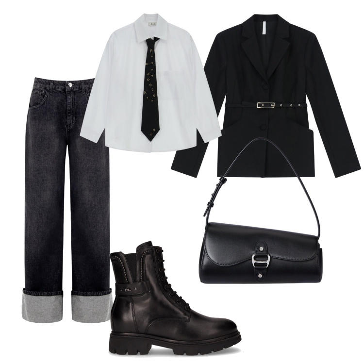 Outfit donna - Look maschile. Stile Trendy per Tutti i giorni. Abbinamento con jeans, blazer, camicie, borse a spalla, anfibi.