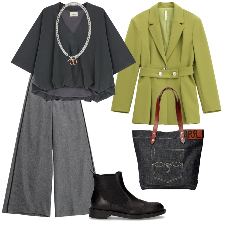 Outfit donna - Di tendenza. per Tutti i giorni. Abbinamento con pantaloni, blazer, top, ciondoli, borse tote, stivaletti chelsea.