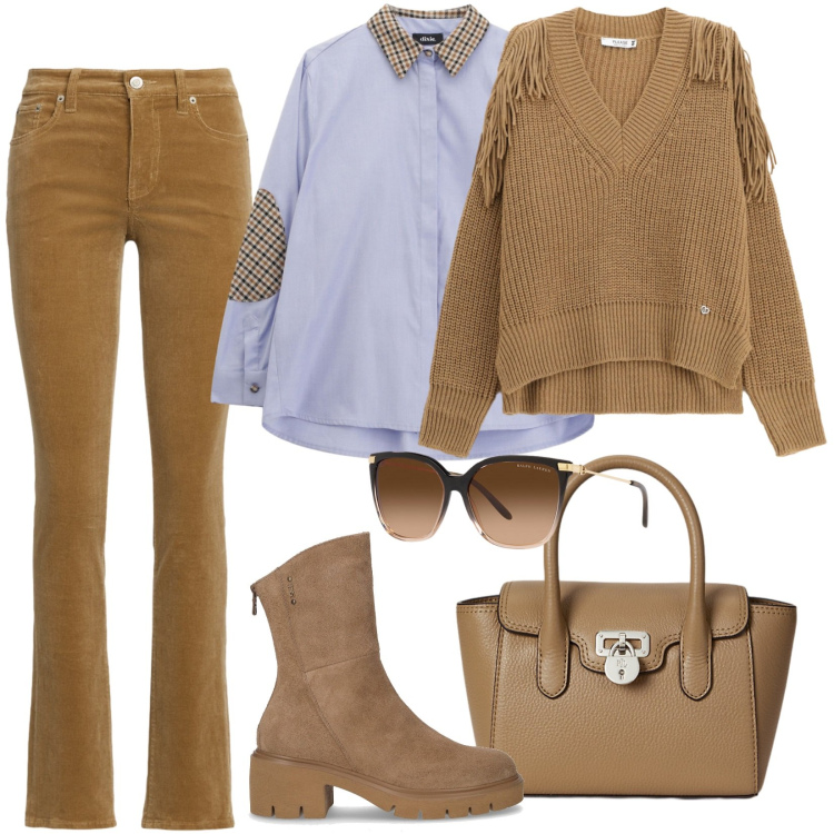 Outfit donna - Look metropolitano. Stile Casual per Ufficio. Abbinamento con maglieria, camicie, occhiali da sole, borse a mano, pantaloni, stivaletti.