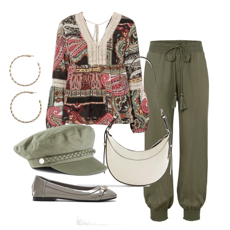Outfit femme - Octobre. Style Boho pour Tous les jours. Assortir avec pantalon , boucles d'oreilles, chapeaux, chemisiers, sacs en bandoulière, ballerines.