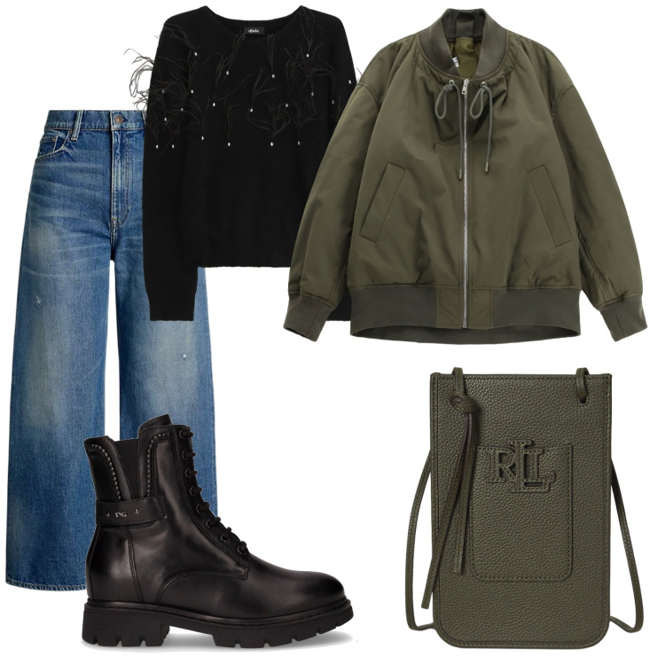 Outfit donna - Look militare. Stile Military per Tutti i giorni. Abbinamento con bomber, maglieria, jeans, borse a tracolla, anfibi.