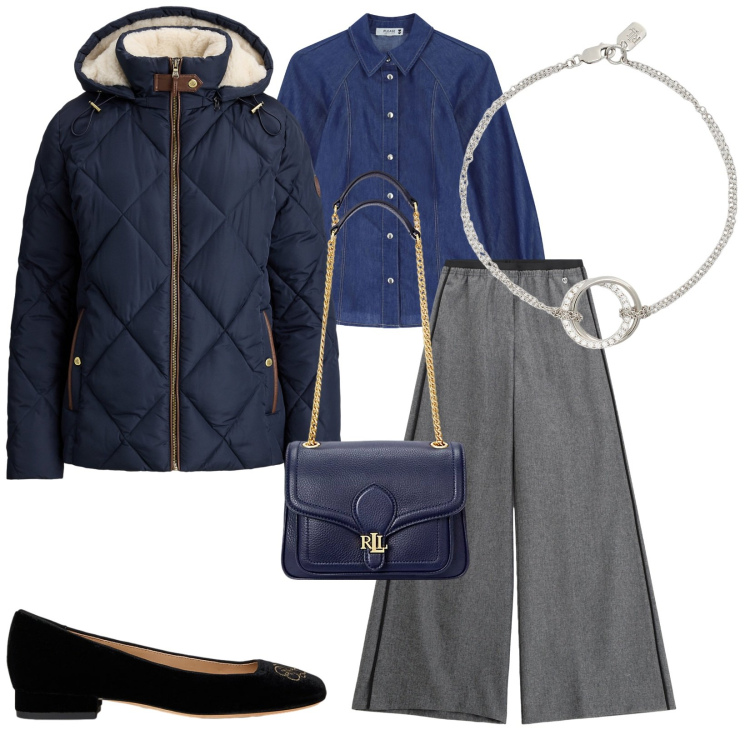Outfit donna - Total look #2262729. Stile Casual chic per Ufficio. Abbinamento con pantaloni, camicie, giacche, borse a spalla, braccialetti, ballerine.