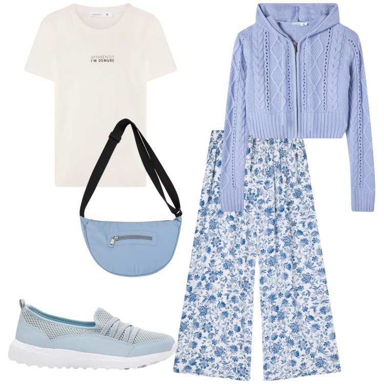 Outfit donna - Total look #2262730. Stile Casual per Tutti i giorni. Abbinamento con sneakers, cardigans, pantaloni a palazzo, borse a tracolla, t-shirt.
