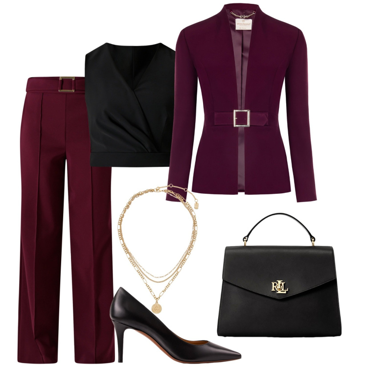 Outfit donna - Amaranto. Stile Glamour per Cerimonia. Abbinamento con blazer, pantaloni, top, borse a mano, ciondoli, décolleté.
