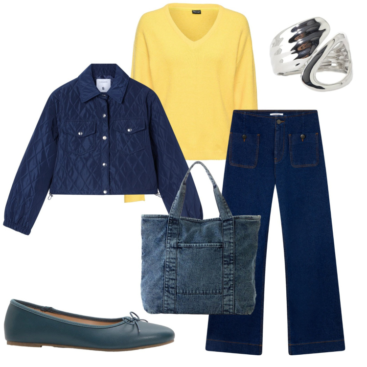 Outfit donna - Total look #2262732. Stile Casual chic per Tutti i giorni. Abbinamento con maglieria, shopping bag, ballerine, jeans, giacche, anelli.