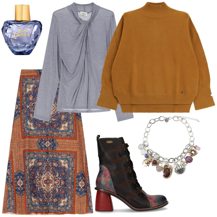 Outfit donna - Total look #2262735. Stile Trendy per Serata fuori. Abbinamento con profumi, maglieria, braccialetti con ciondoli, gonne lunghe, top, stivaletti.