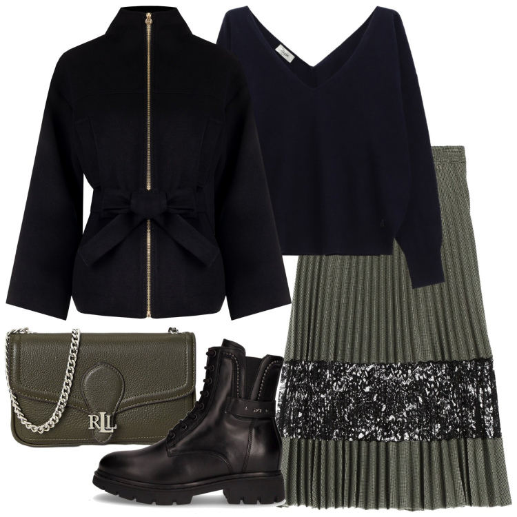 Outfit donna - Clutch verde oliva in pelle. Stile Trendy per Serata fuori. Abbinamento con caban, maglieria, gonne longuette, clutch, anfibi.