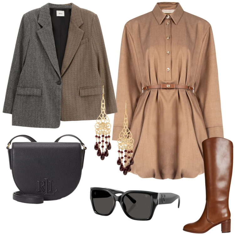 Outfit donna - Total look #2262744. Stile Urban per Tutti i giorni. Abbinamento con blazer, vestiti chemisier, occhiali da sole, stivali, orecchini, borse a tracolla.