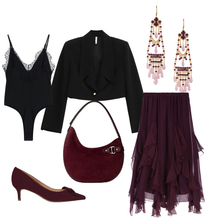 Outfit donna - Fall(in) glamour. Stile Chic per Serata fuori. look ideale per Tall. Abbinamento con blazer, gonne longuette, body, borse a spalla, décolleté, orecchini.