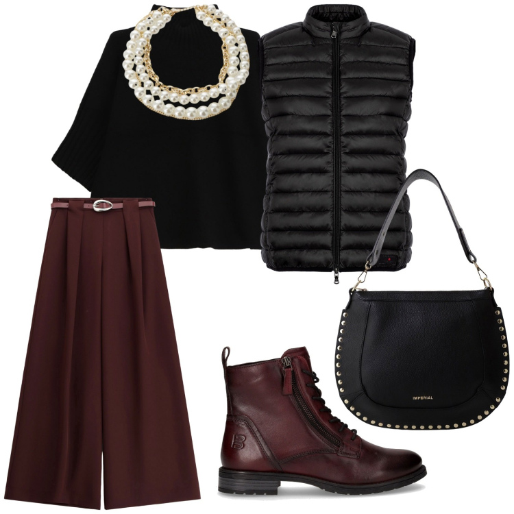 Outfit donna - Pratica in città. per Tutti i giorni. Abbinamento con pantaloni a palazzo, maglieria, borse a spalla, collane, piumini, anfibi.