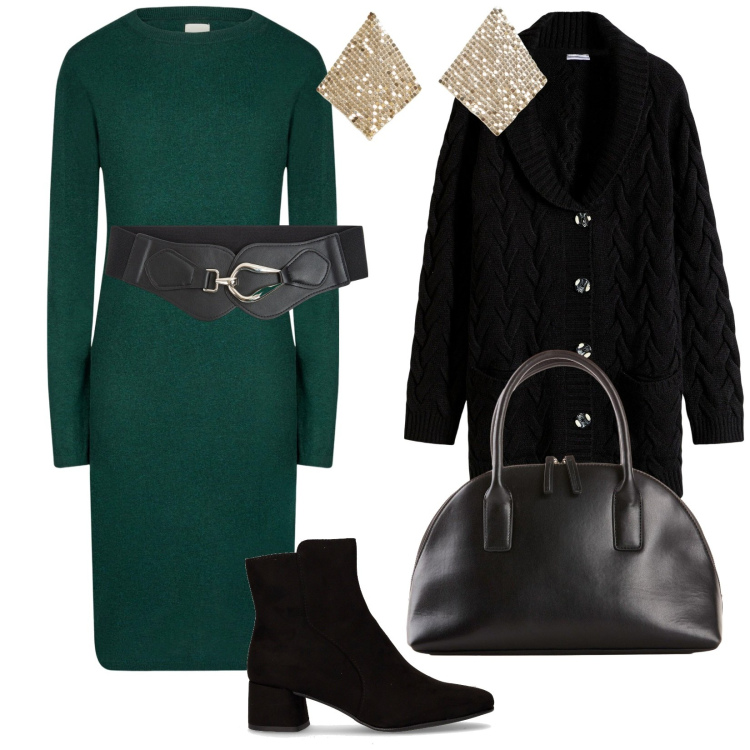 Outfit donna - Sabato sera. per Serata fuori. Abbinamento con cardigans, shopping bag, orecchini, cinture, vestiti midi/longuette, stivaletti.