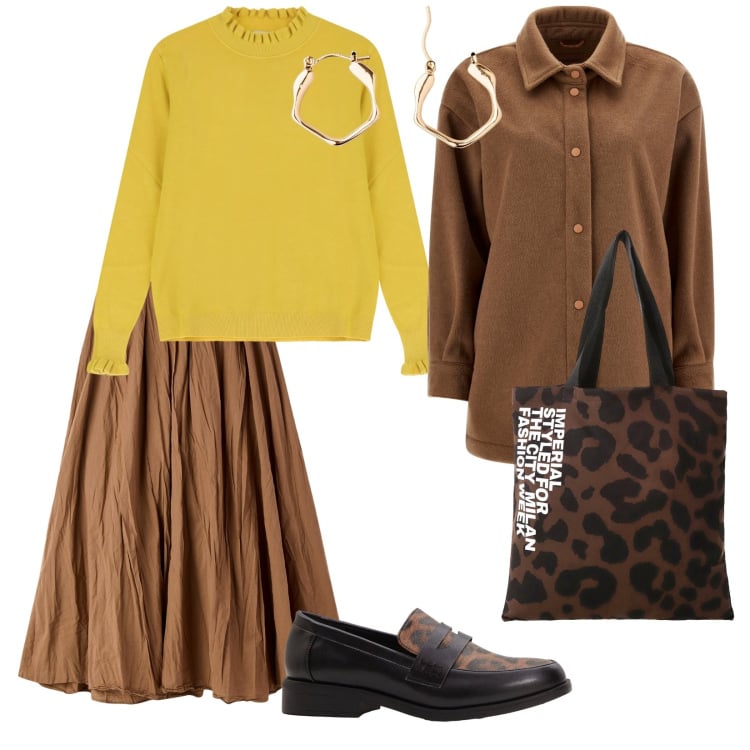 Outfit donna - Autunno. per Tutti i giorni. Abbinamento con orecchini, mocassini, gonne lunghe, shopping bag, cappotti, maglieria.