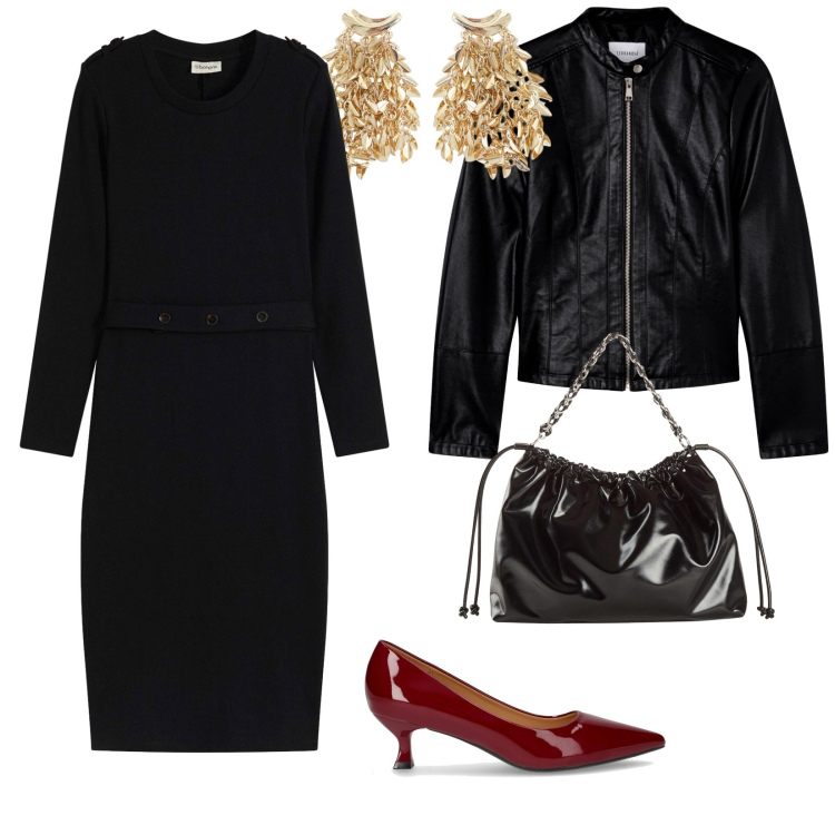 Outfit donna - Serata. per Serata fuori. Abbinamento con shopping bag, vestiti midi/longuette, giacche, orecchini, décolleté.