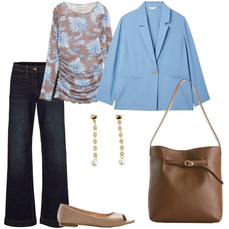 Outfit donna - Ottobrata. Stile Casual chic per Ufficio. Abbinamento con bluse, jeans, borse a mano, orecchini, ballerine, blazer.