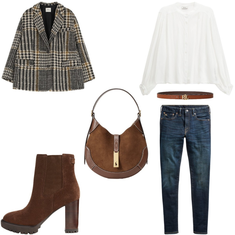 Outfit donna - Autumn Preppy Chic / Look da città elega. Stile Casual chic per Tutti i giorni. Abbinamento con blazer, camicie, stivaletti chelsea, jeans skinny, borse a spalla, cinture.
