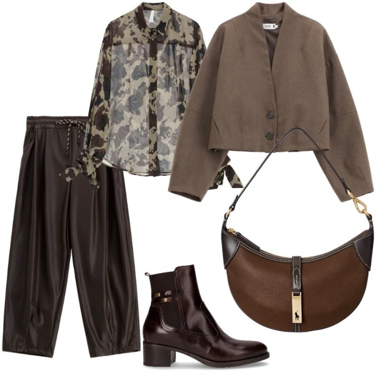 Outfit donna - Diverse sfumature di moche mousse. Stile Trendy per Serata fuori. Abbinamento con blazer, camicie, pantaloni a palazzo, borse a spalla, stivaletti.