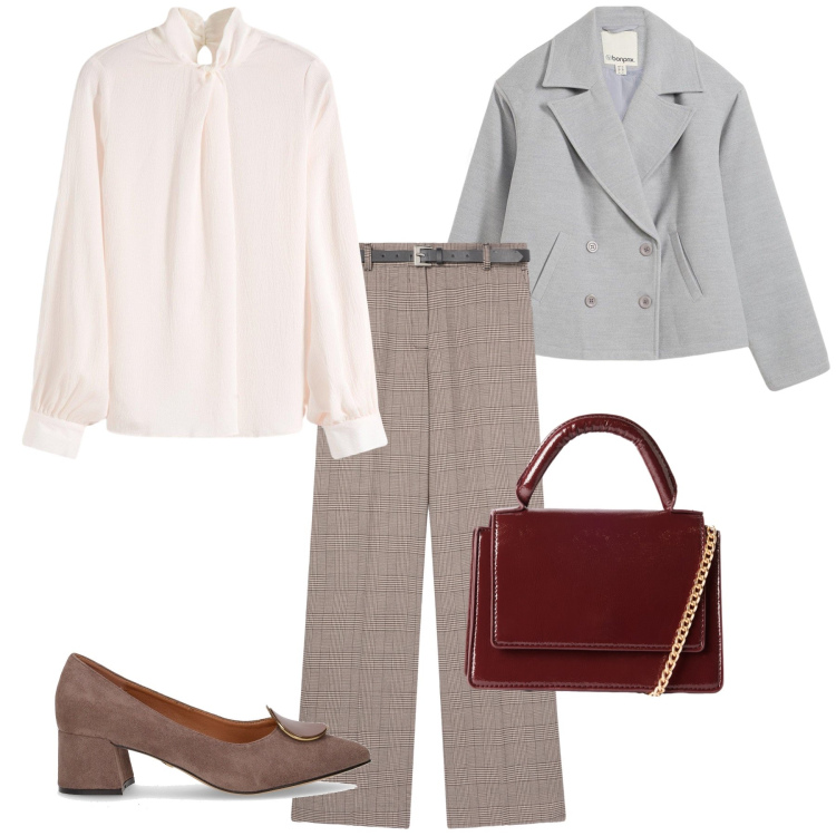 Outfit donna - Total look #2262761. Stile Chic per Ufficio. Abbinamento con caban, bluse, borse a tracolla, pantaloni, décolleté.
